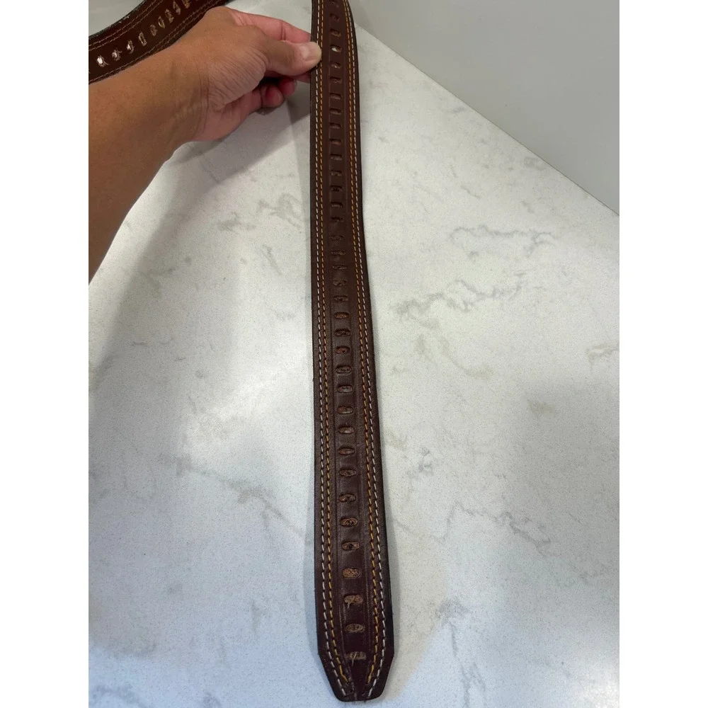 Ramos Mens Brown Leather Belt Double Stitch Perforated Size 40 Silver Buckle